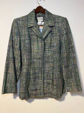 Coldwater Creek Silk Tweed Blazer Jacket Womens 12 Green Yellow Lined NEW